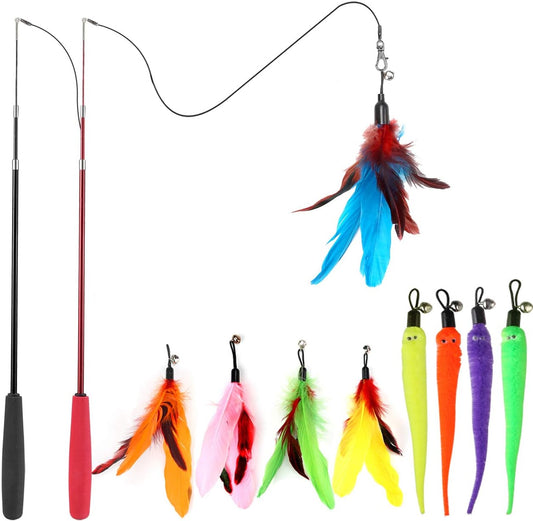 MeoHui Cat Toys for Indoor Cats Interactive Cat Toy 2 Pack Retractable Wand Toy 9 Pack Cat Feather Toys Refills Funny Kitten Fishing Pole Toy Bored Chase Exercise