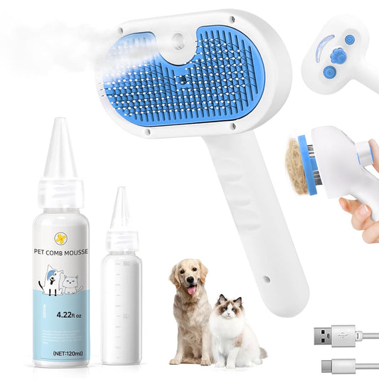 LetsFeed Pet Steam Brush 3 in 1 Cat Dog Grooming Spray Comb Blue Self Cleaning Ultrasonic Mist Hair Removal Shedding Tool Long Haired Pets