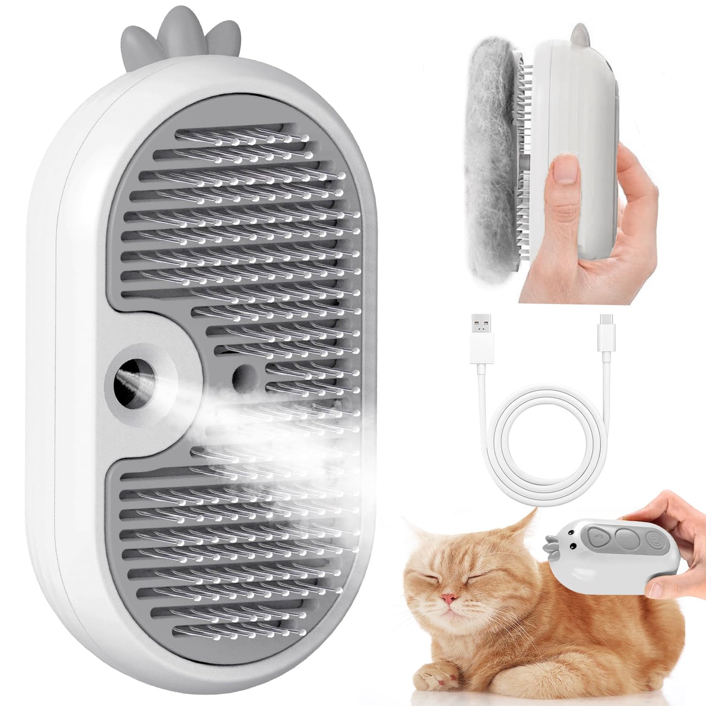 POIIOPY Cat Steam Brush Release Button 3 in 1 Rechargeable Pet Spray Water Comb Long Short Hair Removal Self Cleaning Slicker Vapor Brush White