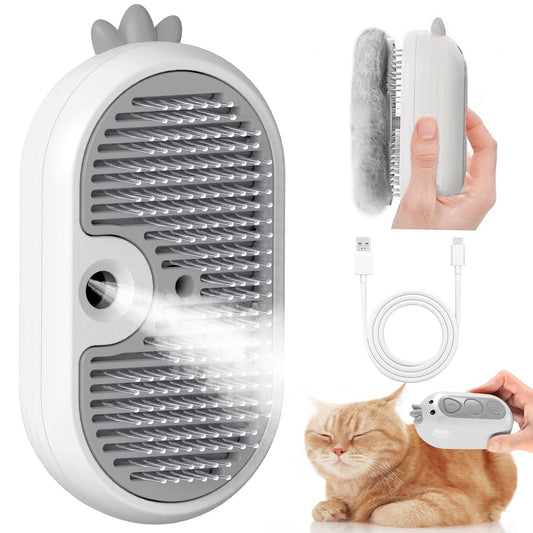 POIIOPY Cat Steam Brush Release Button 3 in 1 Rechargeable Pet Spray Water Comb Long Short Hair Removal Self Cleaning Slicker Vapor Brush White