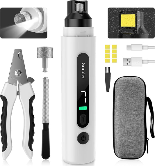 Dog Nail Grinder 7 Speed Pet Nail Trimmer LED Light Sponge Dust Collector Quiet Low Vibration Painless Paws Grooming Large Medium Small Dogs Storage Bag